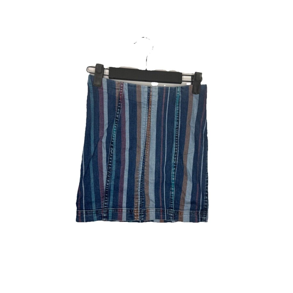 Free People Denim Mini Skirt Striped Size 0  Color Block Boho Cotton Blue